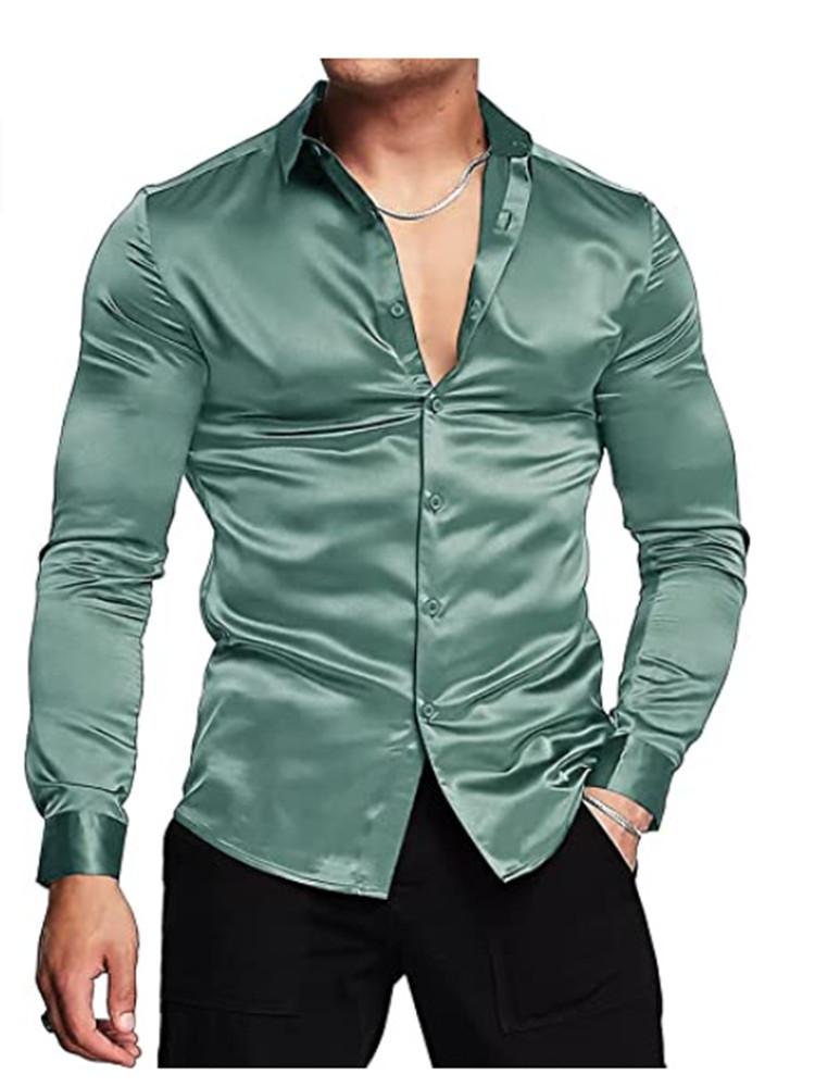 Fashion British Men's Glossy Solid Color Breathable Business Casual Long-sleeved Shirt Men's Lapel Long-sleeved  Glossy Top