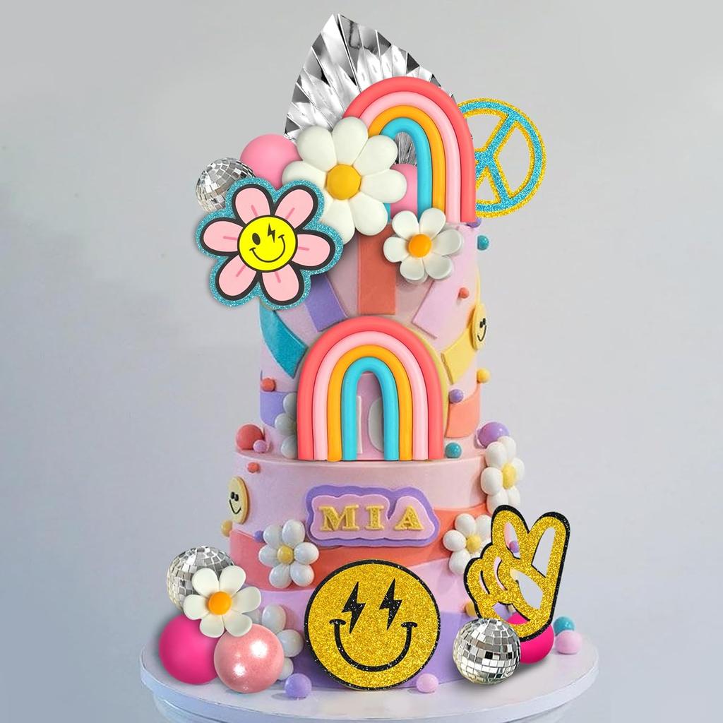 25 PCS Groovy Cake Topper Boho Rainbow Hippie Cake Decoration with Disco Balls and Daisy Flowers for Groovy Theme Birthday Party Supplies
