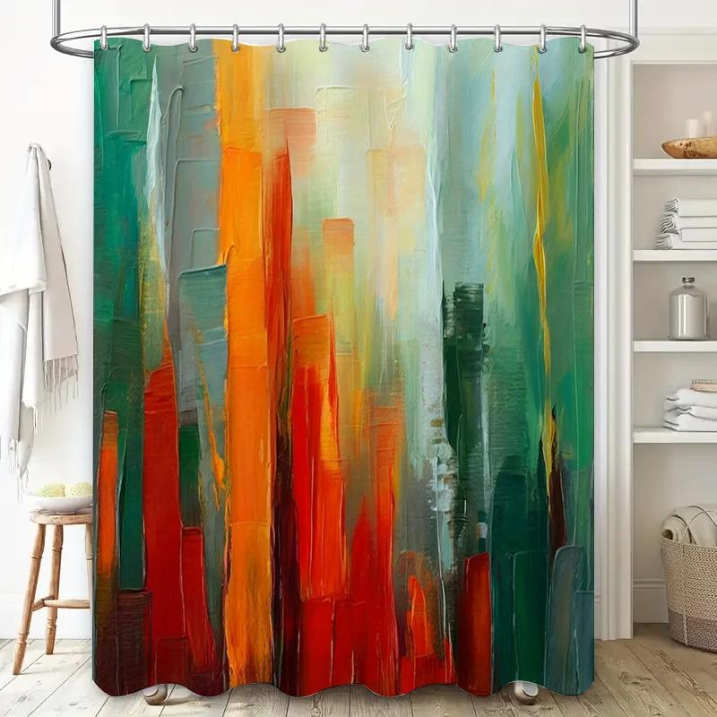 Exquisite Fashion Items Green/Orange Abstract Shower Curtain Modern Watercolor Design For Bathroom Decor