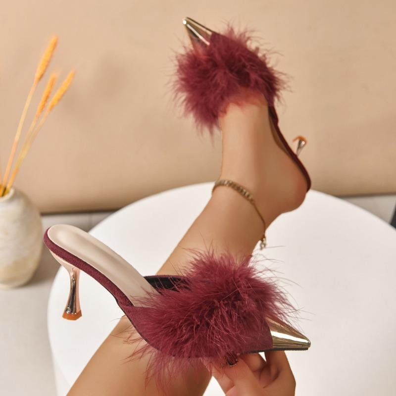 Fashion Metal Pointed Toe Stiletto Slippers Women's Fashion Pointed Toe Suede Plush Non-Slip Wrapped Head Flip-Flops