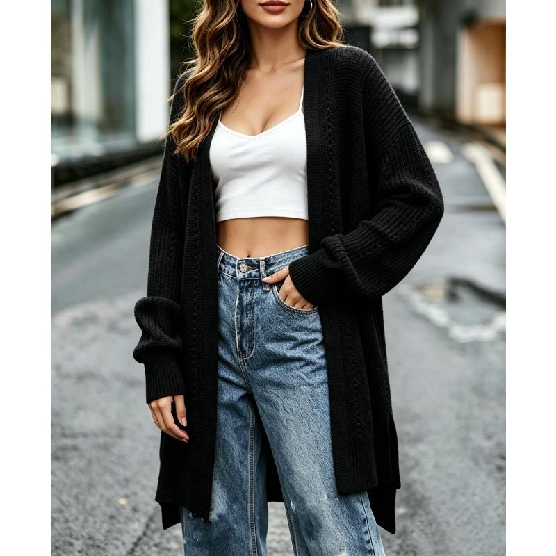 Spring and Autumn Long Knitted Cardigan with Hollowed Out V-neck and Loose Shoulder Sleeves, Paired with A Sweater Jacket