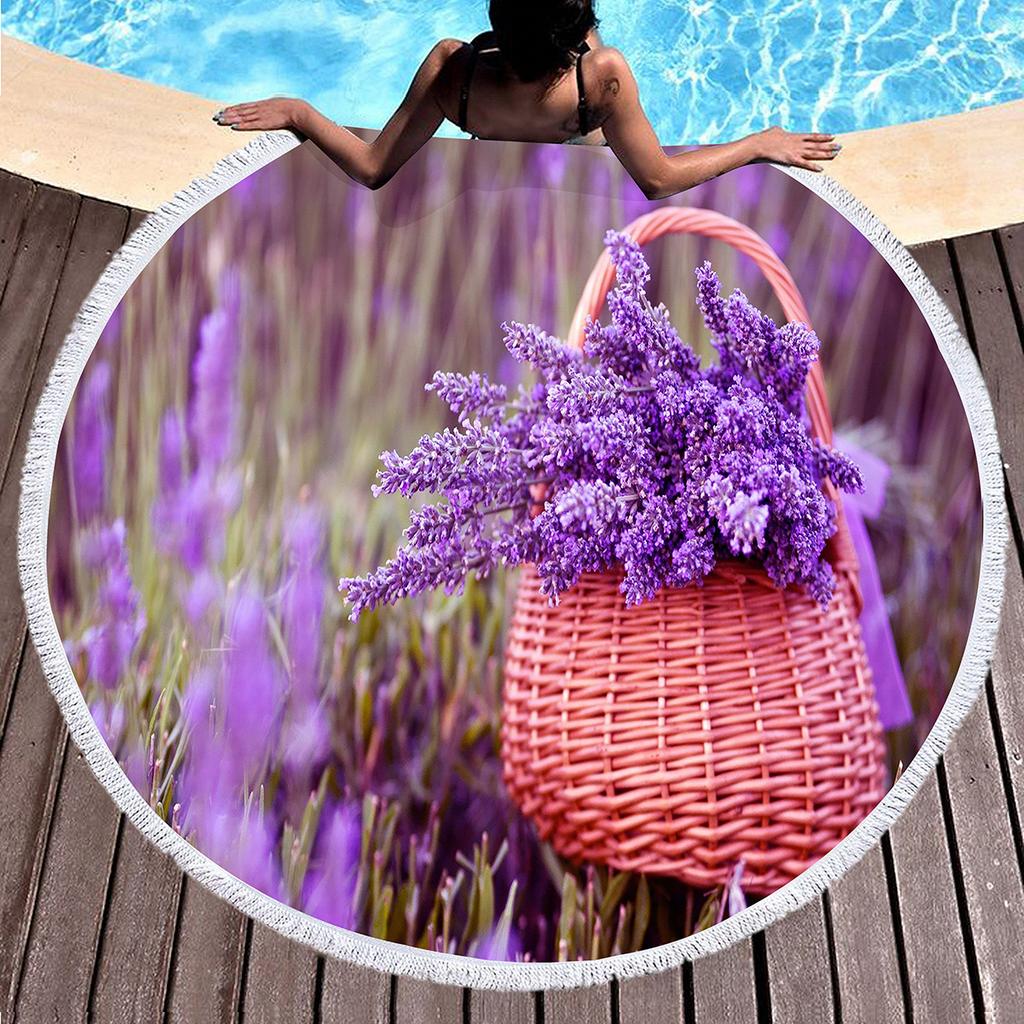 Purple Flower Lavender Round Beach Towel, Microfiber Beach Blanket Absorbent Quick Dry Swim Pool Bath Circle Towel with Tassels