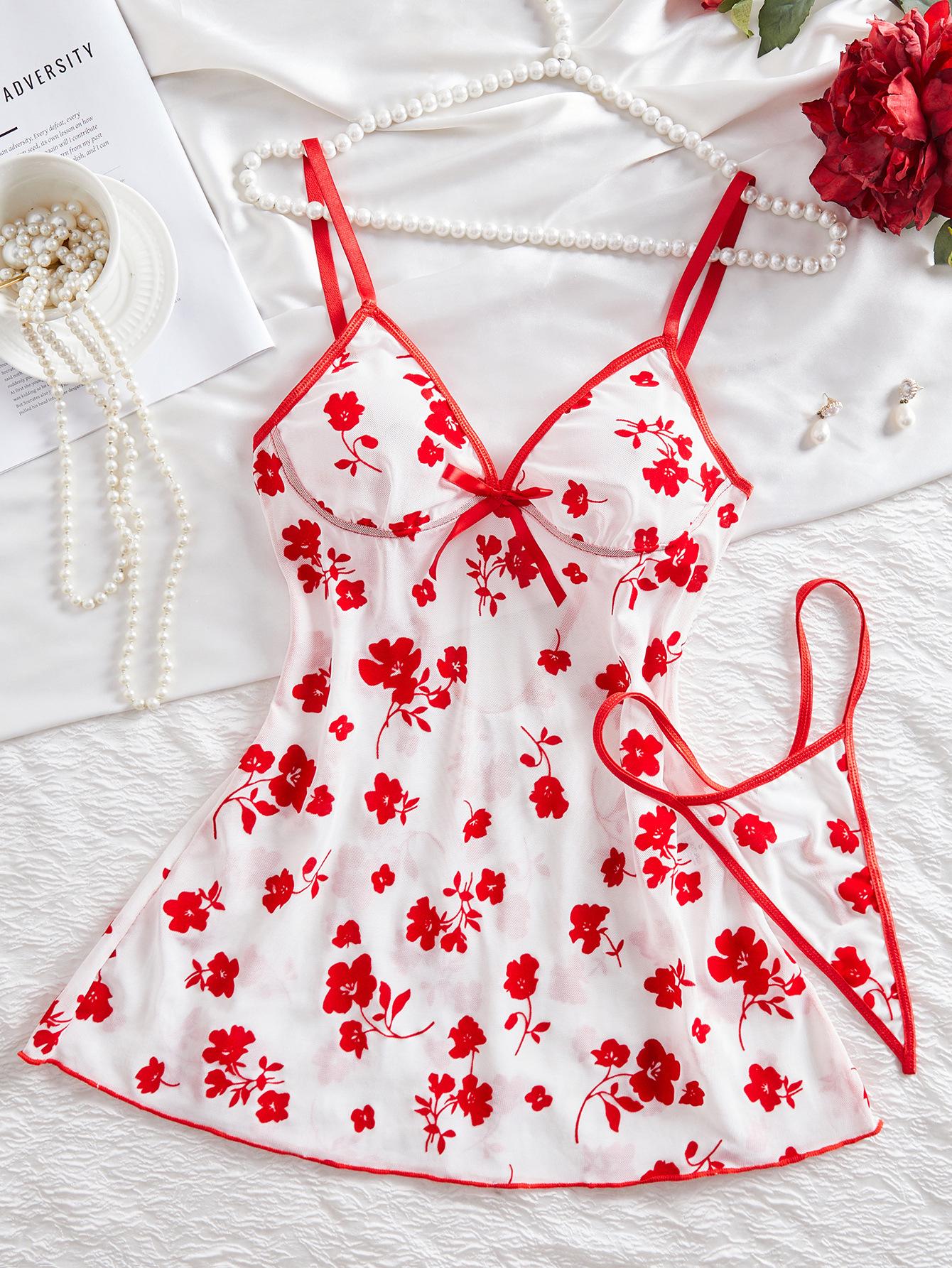 European & American Sexy Strappy Mesh Print Backless Nightgown Pajama Set S
