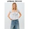 UR Women's Polka Dot Square Collar Tie-Front Short Blouse