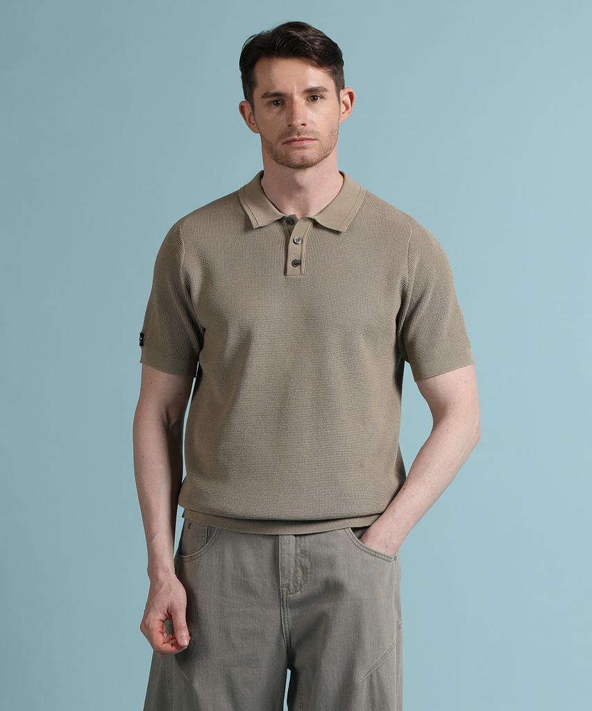 PANICALE Beige Waffle Short Sleeve Polo Knit