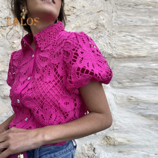 Women Shirt Lapel Puff Short Sleeve Slim Fit Shirt Tops Solid Color Button Closure Hollow Lace Crochet Blouse