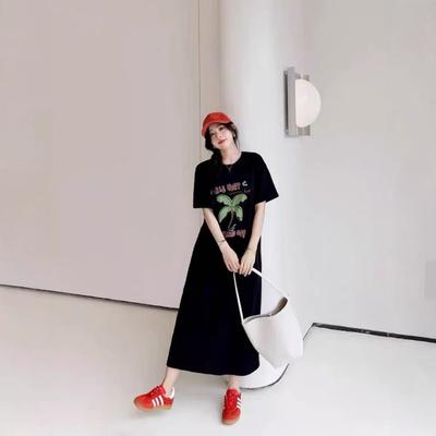 Women's Print Large Size Loose Long Over Knee T-shirt Dress Summer Casual Lazy Wind Short-sleeved Dress