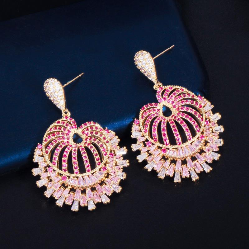 WWJ Romantic Flower Rose Red Zircon Big Dangle Drop Earrings for Brides