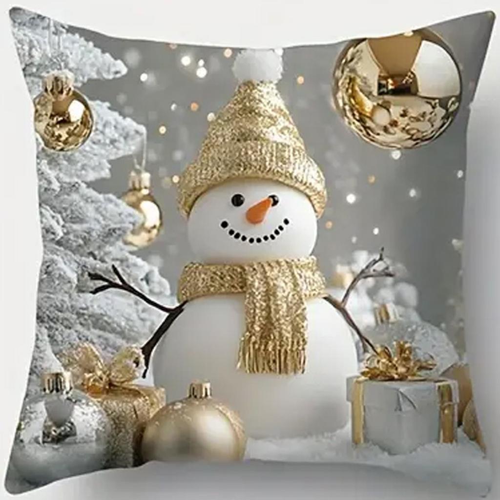 1pc White Golden Christmas Cushion Cover Snowman Dwarf Printed Durable Cover 2025 New for Home Ornament Xmas New Year Decoration