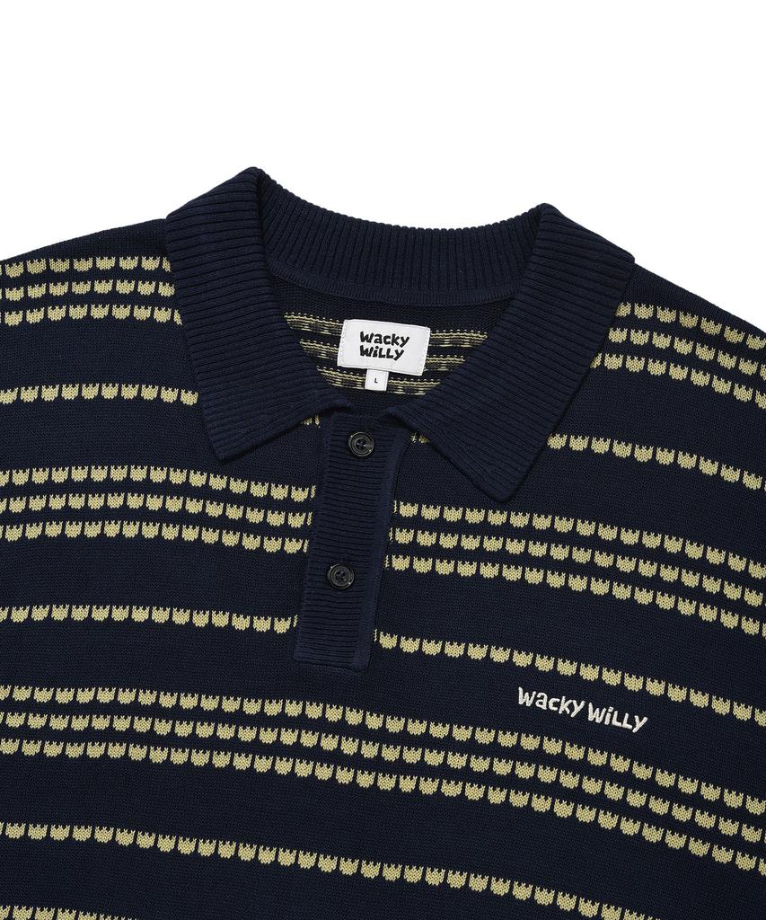 WACKY WILLY Basic Logo Striped Collar Sweater Navy