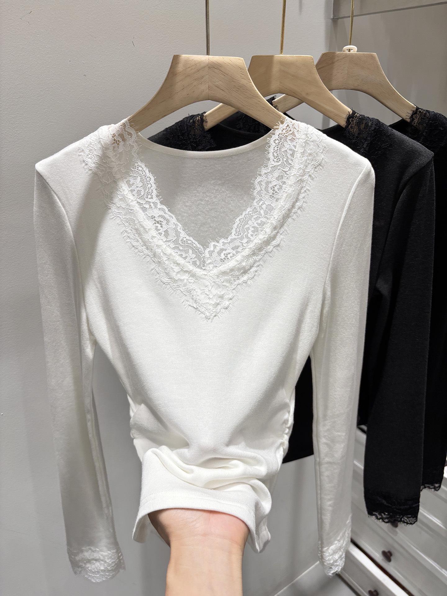 Women s Velvet V-Neck Lace Trim Long Sleeve Slimming Winter T-Shirt M белый