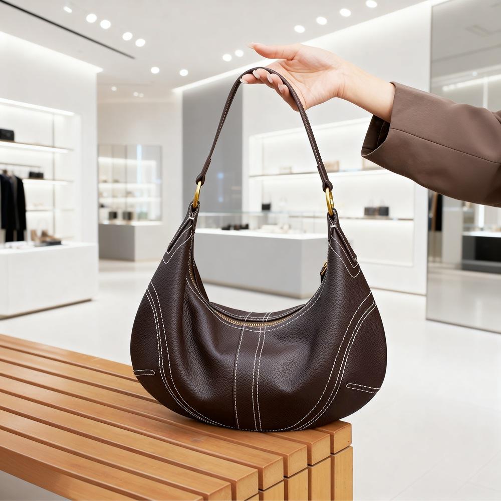 Underarm Bag With TOGO Top Layer Cowhide Design Crescent Shaped Fashionable Simple Versatile Genuine Leather Shoulder Women 36x9x20CM эбеновый