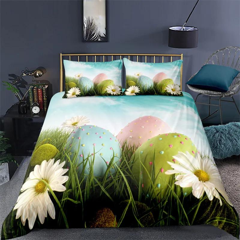 Juego de Ropa de Cama Suave con Huevos de Pascua Estampado 3D Dibujos Animados de Conejo Huevos Funda Nórdica Funda de Almohada de Poliéster Saludos y Regalos Para el Día de Pascua