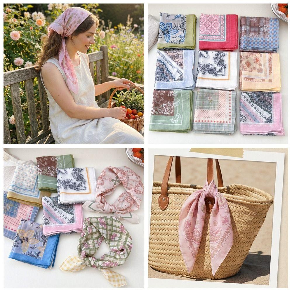 Cashew Cotton Linen Print Scarves Floral Square Handkerchief All-match Printed Silk Scarf  Vacation