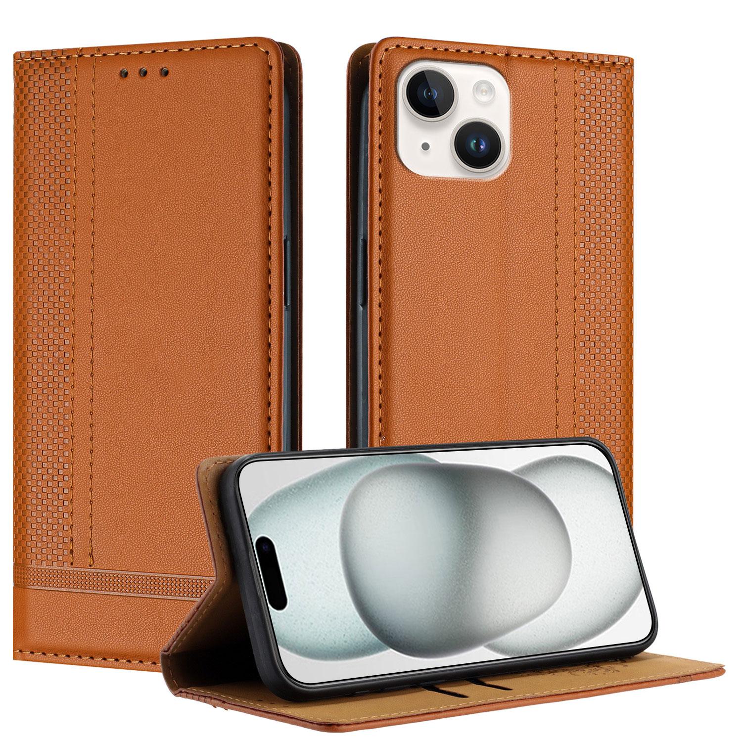 

For iPhone 15 Case L-Shaped Grid Pattern Leather Stand Phone Cover with Card Slots Brown