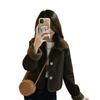 2025 Women's Coffee Color Lapel Suede-Leather Lambswool Coat - Velvet Lined, Thick, Short Winter Jacket