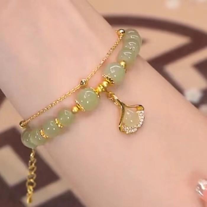 Style Pastoral Exquisite Womens Electroplated Glass Bead Bracelet Leaf