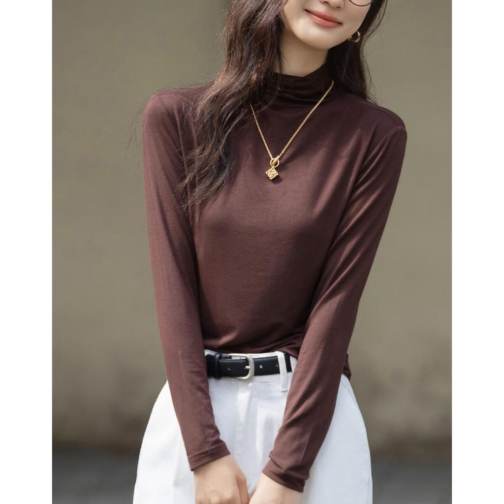 dme Warm Ginger Fleece Autumn New Slim Fit Thin Half Turtleneck Long Sleeve Women's Base Shirt