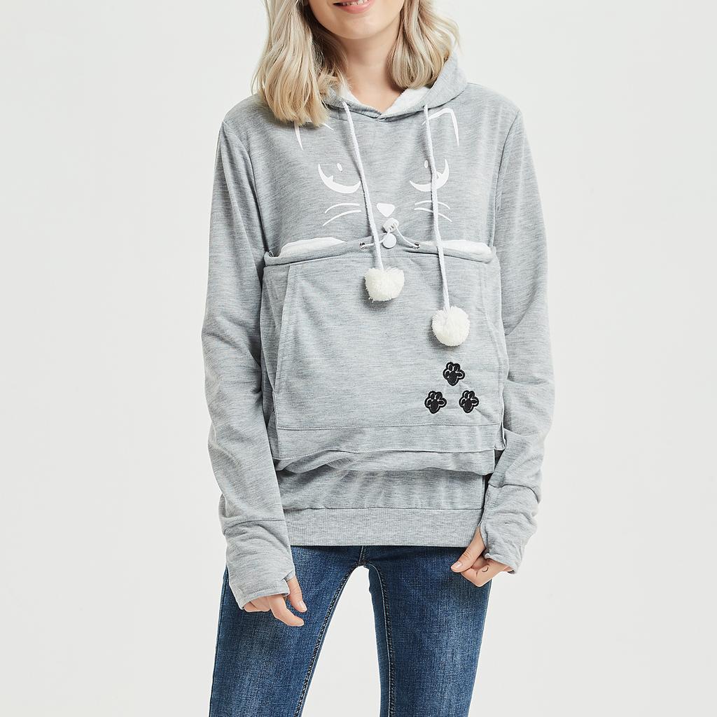 Women's Fashion Casual Top Solid Color Long Sleeve Pet Pocket Hoodie Sweatshirt