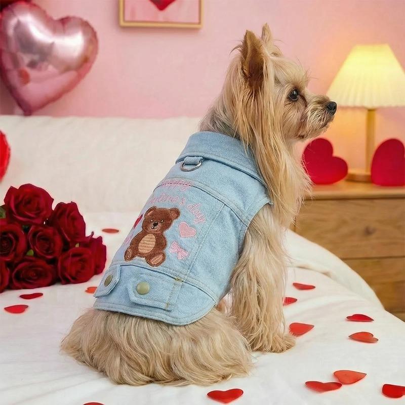 Valentine's Day Sweet Bear Pet Denim Vest, Light Blue Sleeveless Button Jacket with D-Ring for Small Dogs & Cats, Spring/Summer