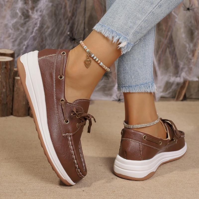 Women's Vintage Lace Up Platform Loafers Brown PU Leather Casual Shoes Woman Lightweight Comfortable Low Top Sneakers Plus Size