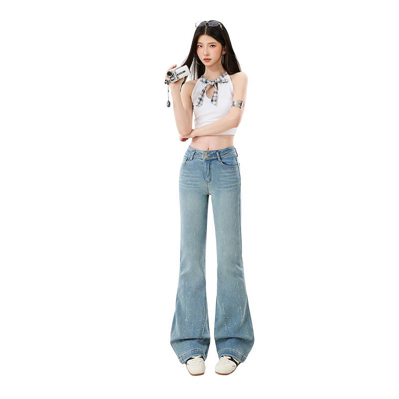 Early Spring Shiny Full Star Rhinestone High Waist Slim Horse Hoof Micro Flare Denim Pants For Women Casual Pants Oversize Denim Trousers