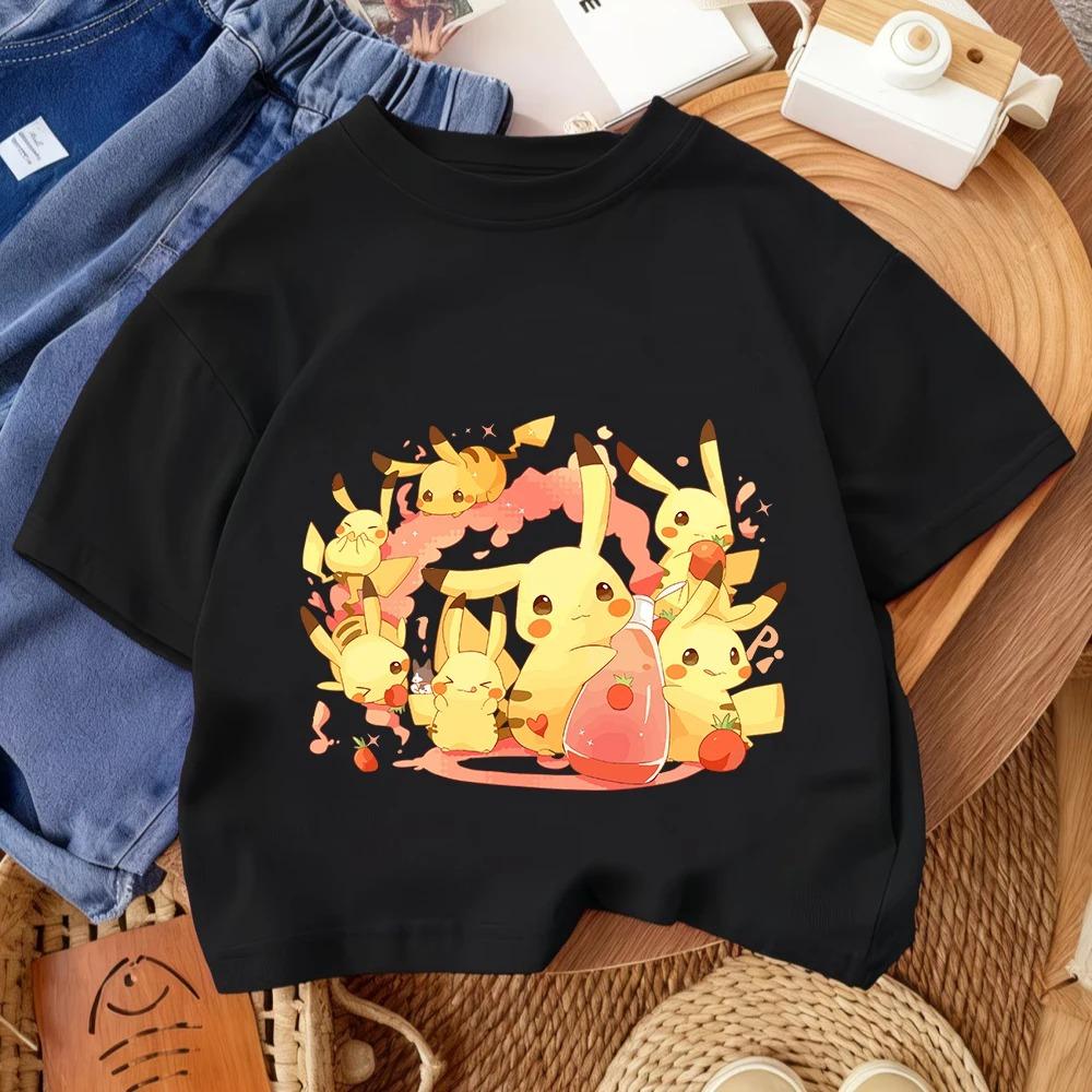 Children Fashion Street Tee Pikachu Cute Cartoon Print For Boys Girls Summer Casual Comfort Wear 3-14 Years