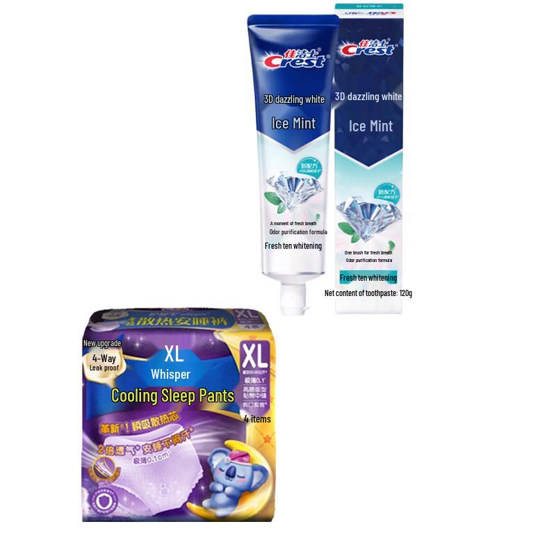 Набор: Зубная паста Crest 3D White Icy Mint и Освежающие салфетки Whisper