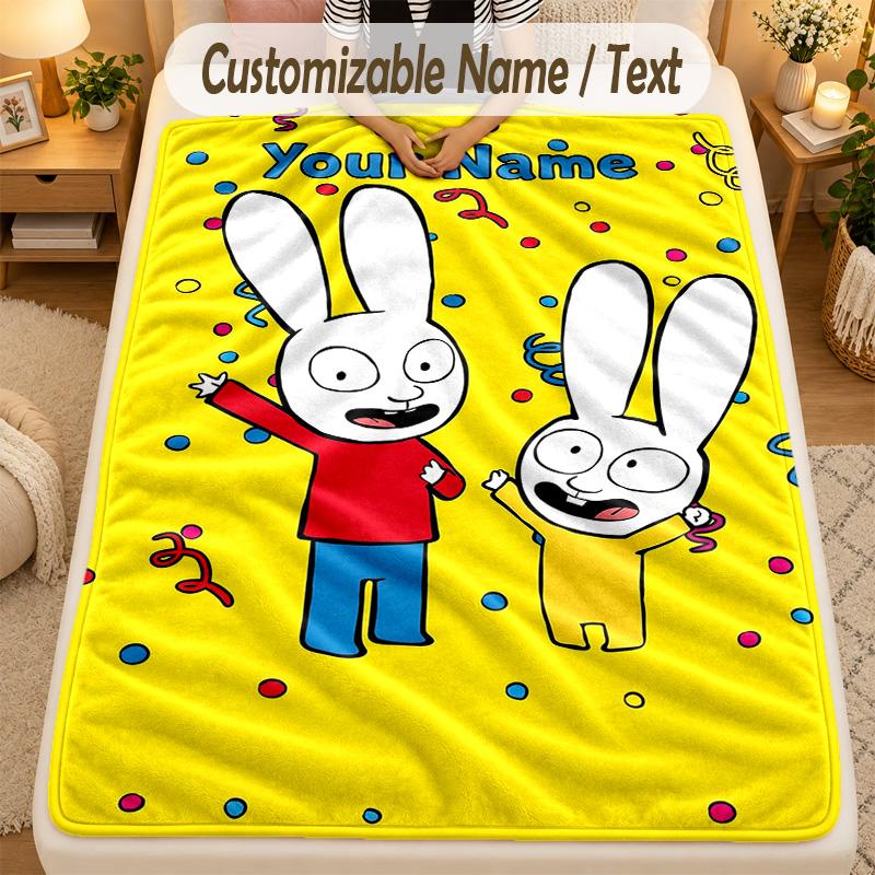 Flannel BlanketSimon Super Rabbit Custom Name Text Personalized Soft Warm Throw Blanket Home Decor Gift
