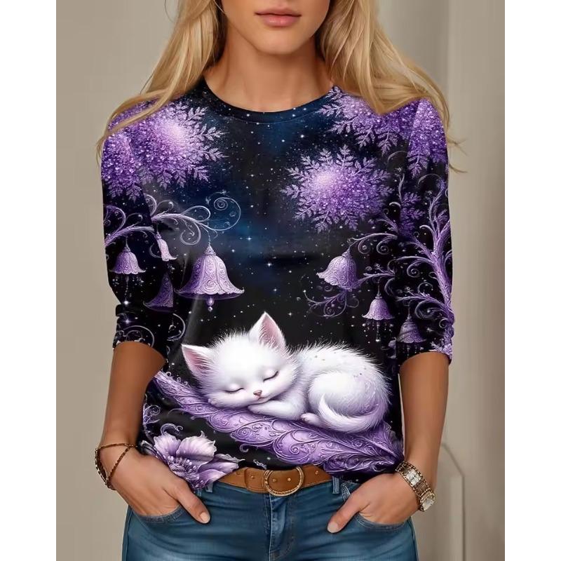 Women's T-shirt 3D Bell Kitten Print Fashion Long Sleeve Round Neck Regular Top Holiday Weekend Spring and Autumn