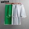 Autumn and Winter Style Contrasting Color Split Long-sleeved Knitted Set, High-waisted Slimming Wide-leg Long Pants Two-piece Set