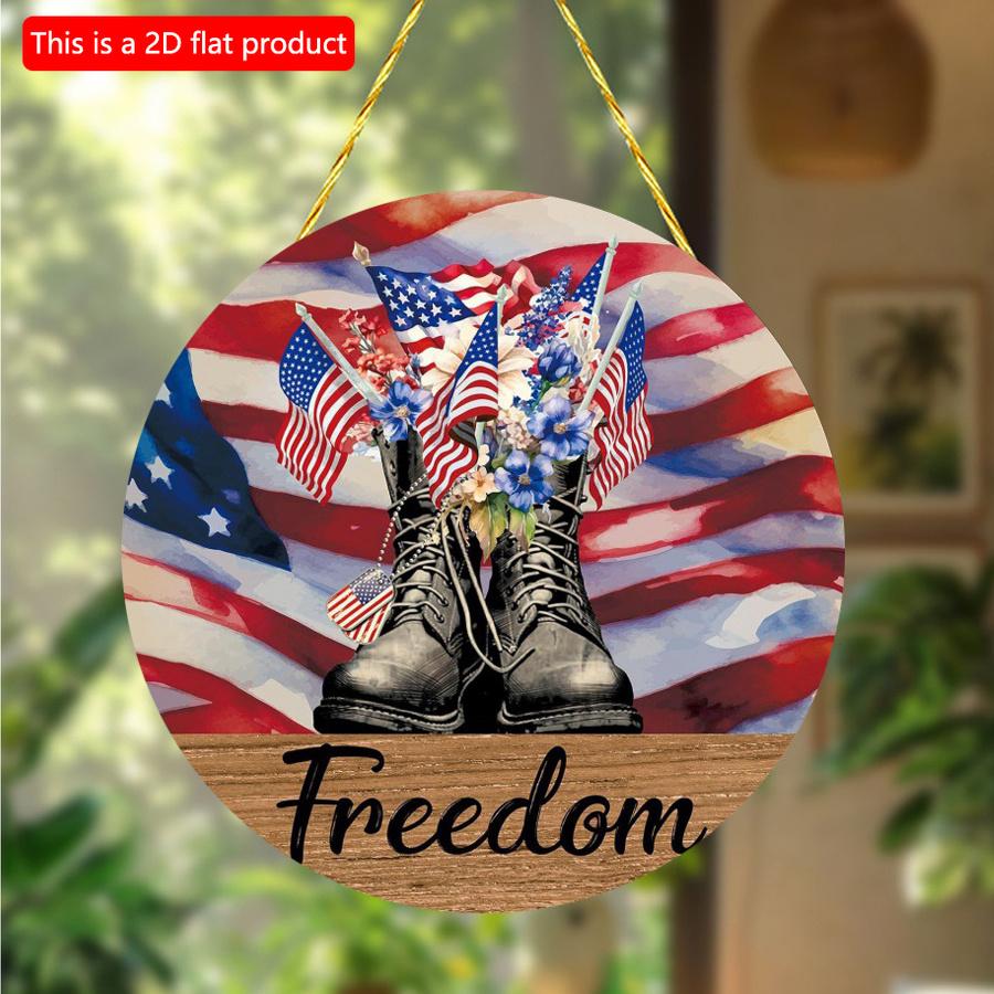2D flat 20*20cm1pc Freedom Battle boots&USA Flag patterns Decoration, Patriotic Theme Independence Day Round Wooden Sign, Applicable to Bar&Party&Yard