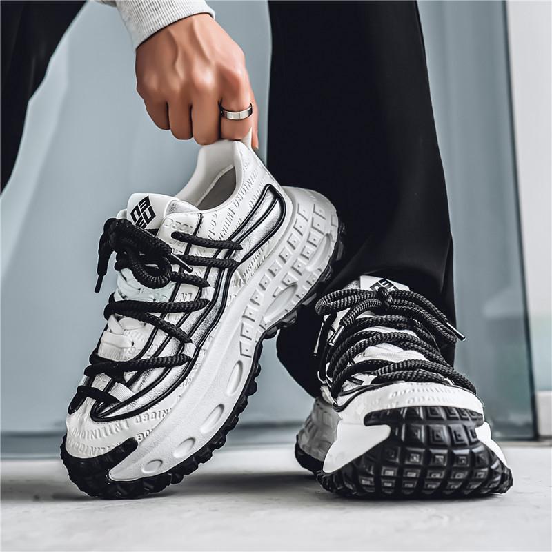 Spring and Autumn Leather Surface Heightening Sports Casual Shoes New Men's Adolescent Personality Thick-soled Lace-up Dad Trendy Shoes Men