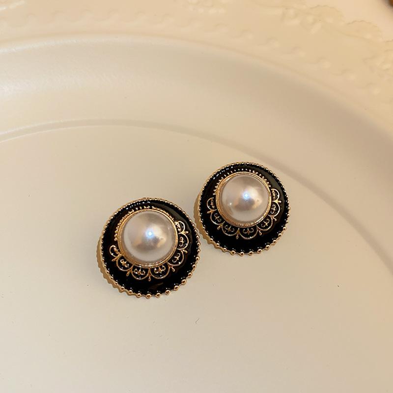 Французские ретро черные круглые серьги с жемчугом любви средний антикварный темперамент пусеты серьги женские
