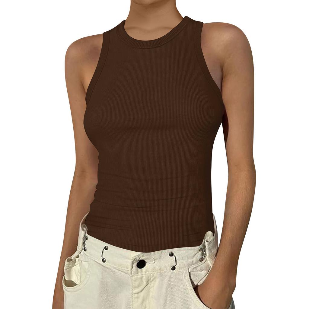 Women's Summer Fashion Casual Color Round Neck Sleeveless Top Tight Tank Top