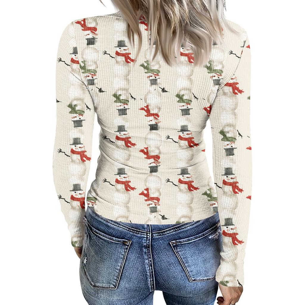 Women's Casual Christmas Print Long Sleeve Ribbed Neck Top