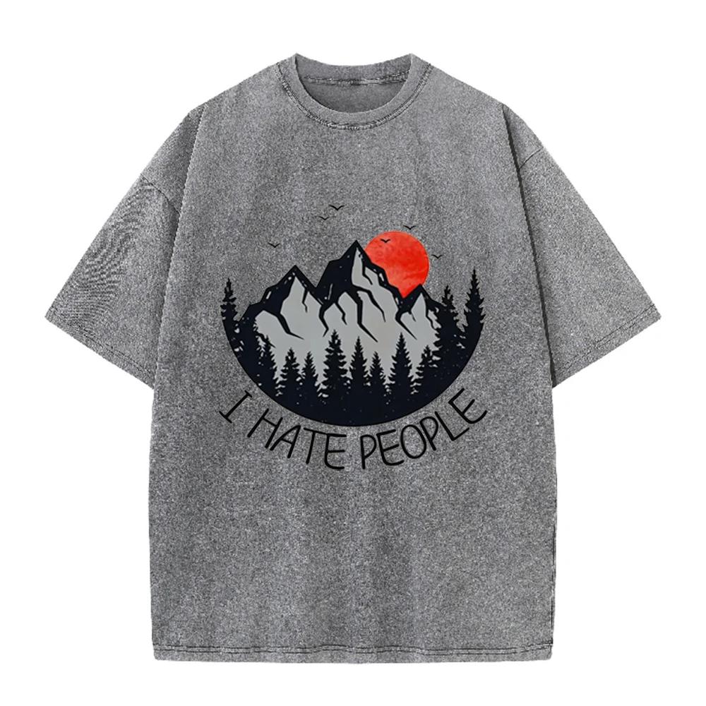 2026 Vintage Mountain Pine Forest Red Sunset Bird Graphic Brown Acid Washed T Shirt Retro Outdoor Funny Slogan Oversized Unisex