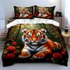 Tiger with Red Roses Forest Bedding Duvet Cover Set  (1*Duvet Cover 2*Pillowcases, Without Duvet Insert)