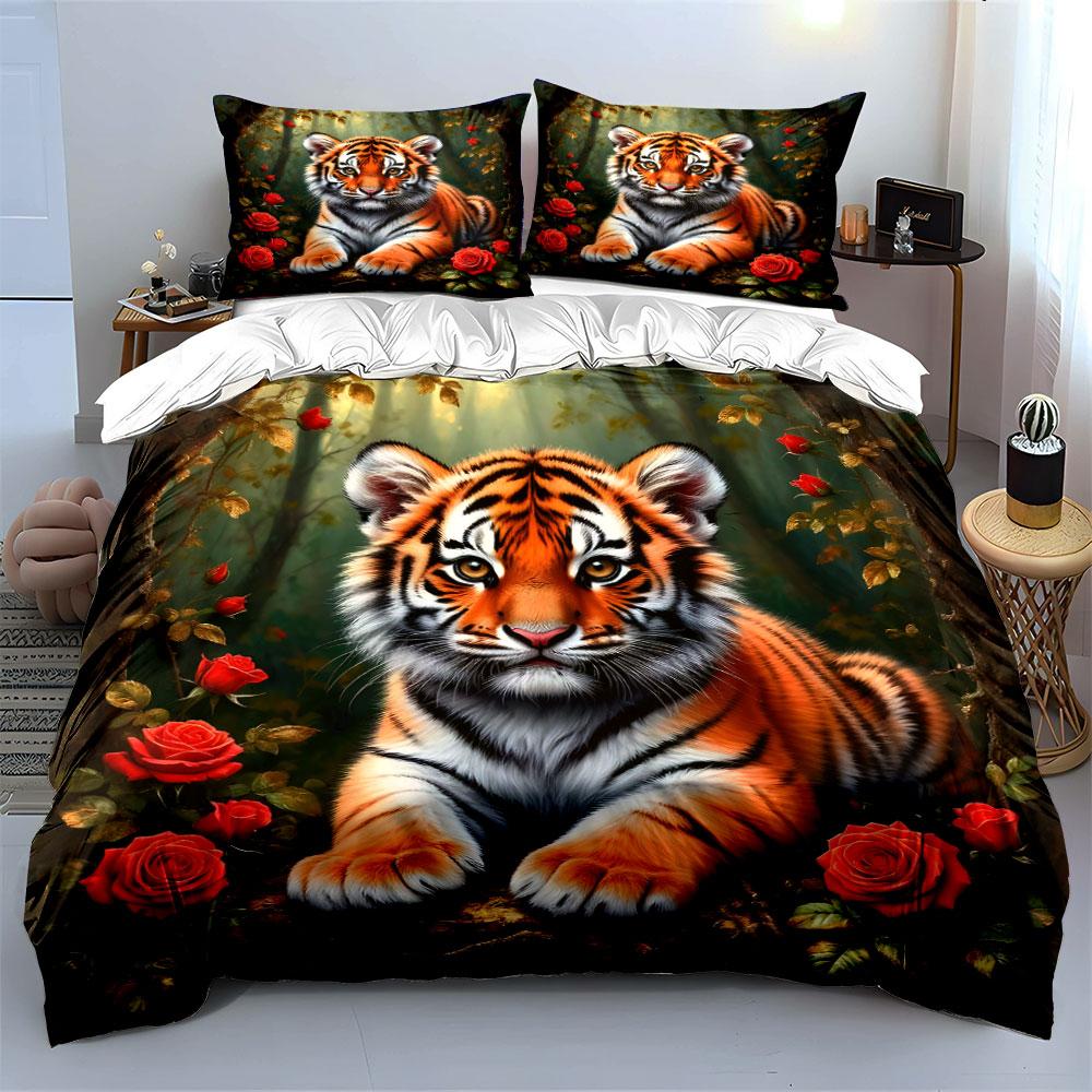 Tiger with Red Roses Forest Bedding Duvet Cover Set  (1*Duvet Cover 2*Pillowcases, Without Duvet Insert)