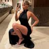 Women European Style Solid Color Halter Backless Slit Slim Fit Long Dress
