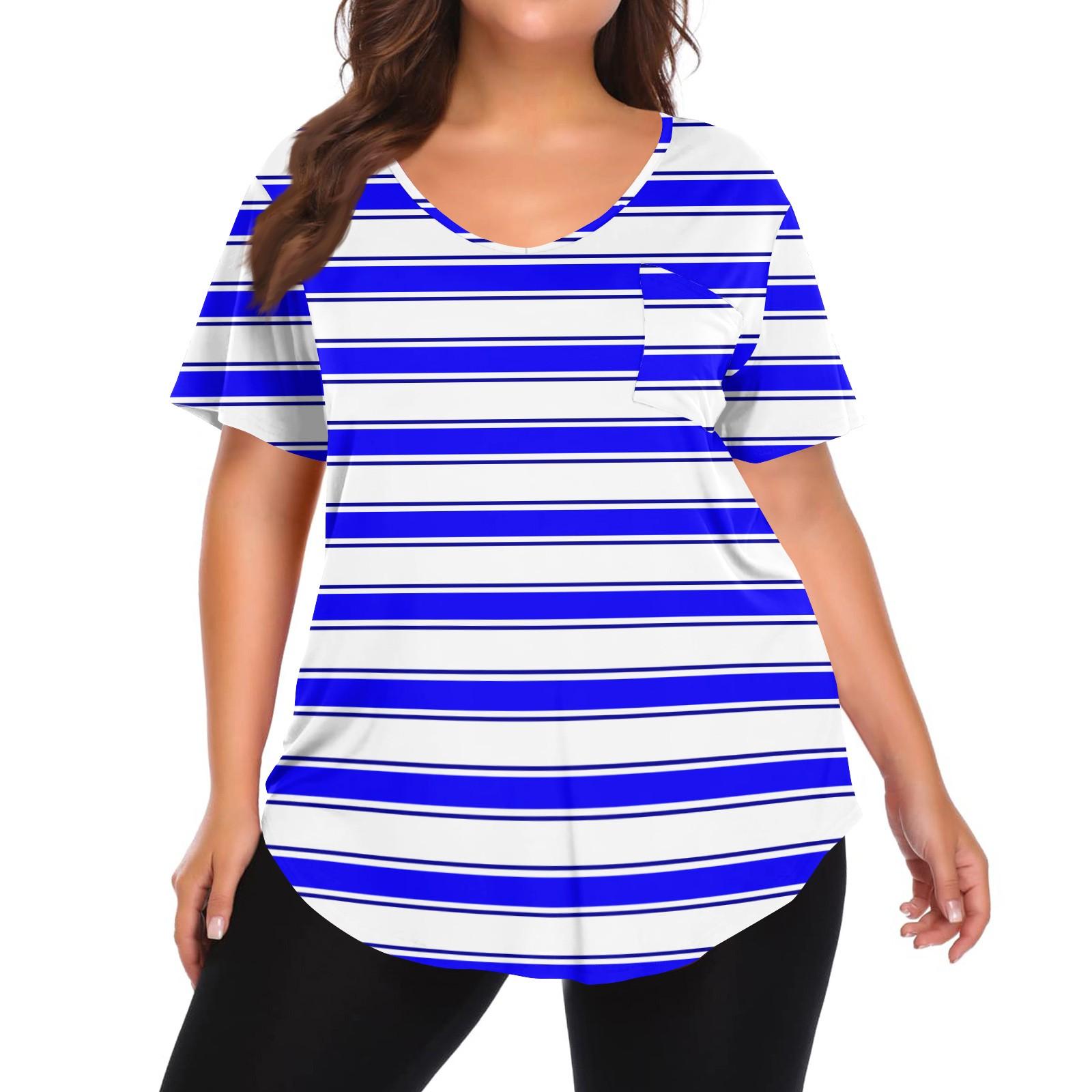 Women s Printing Large Size V-neck Top Loose Pocket T-shirt XXXXXL синий
