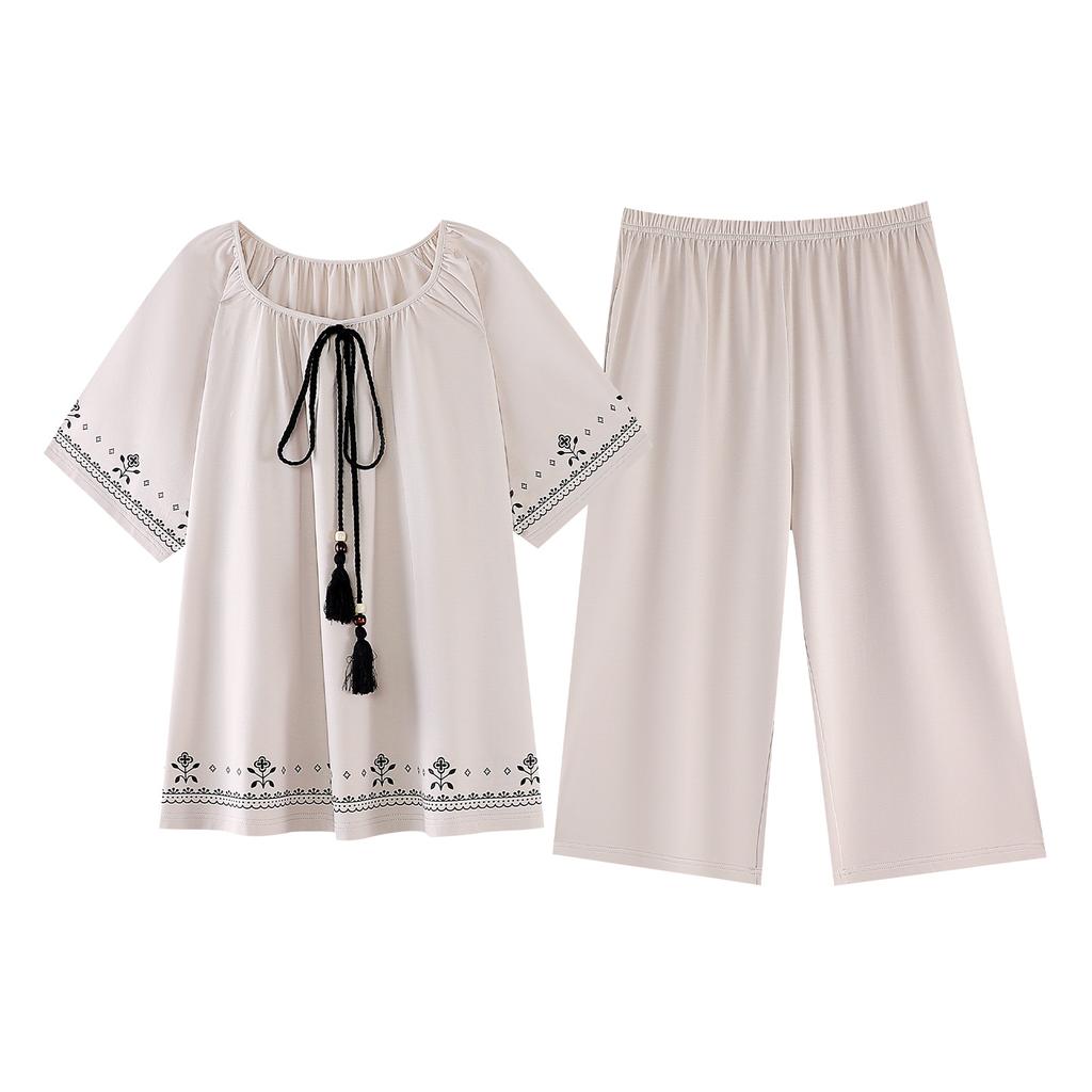 Pure cotton summer thin pajamas women's 1011 new summer cool short-sleeved cropped pants large size loungewear set