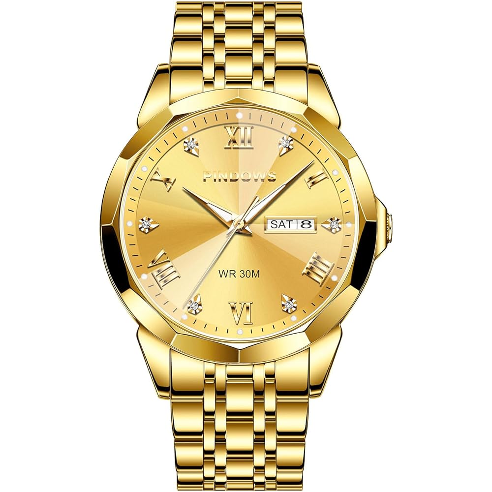 PINDOWS Men s Luxury Watch Analog Quartz Waterproof with Diamond Decoration Date Display Two-Tone Stainless Steel Band Classic Style