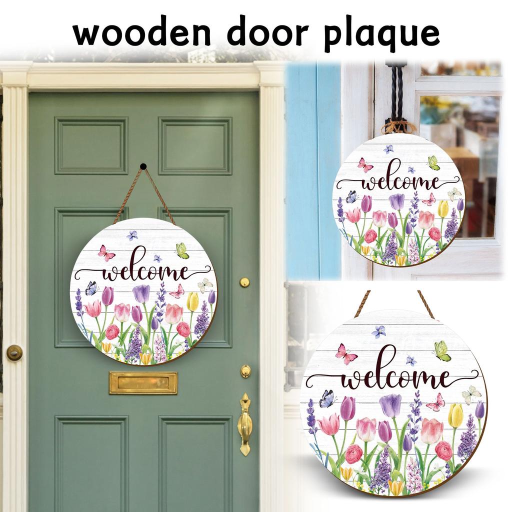 Wooden Round Door Sign Decorative Plaque with Welcome Print for Home Entryway Living Room Office Indoor Outdoor Use