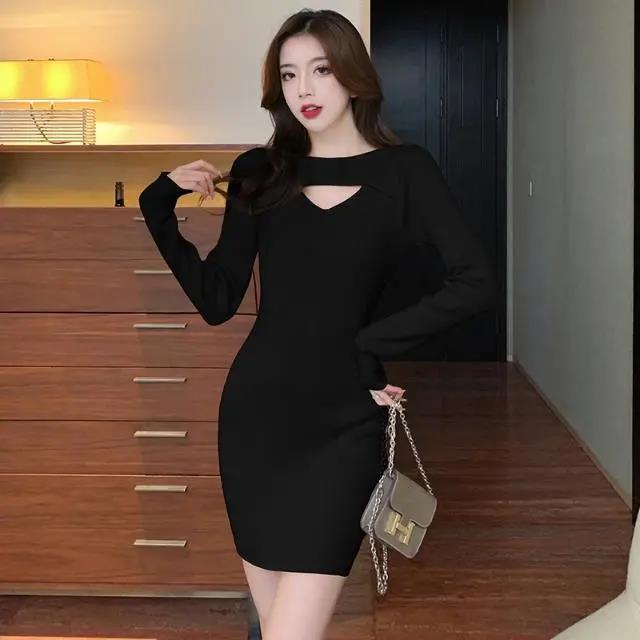 Pure desire style hip dress spring and autumn new slim nightclub hollow sexy large size knitted inner base