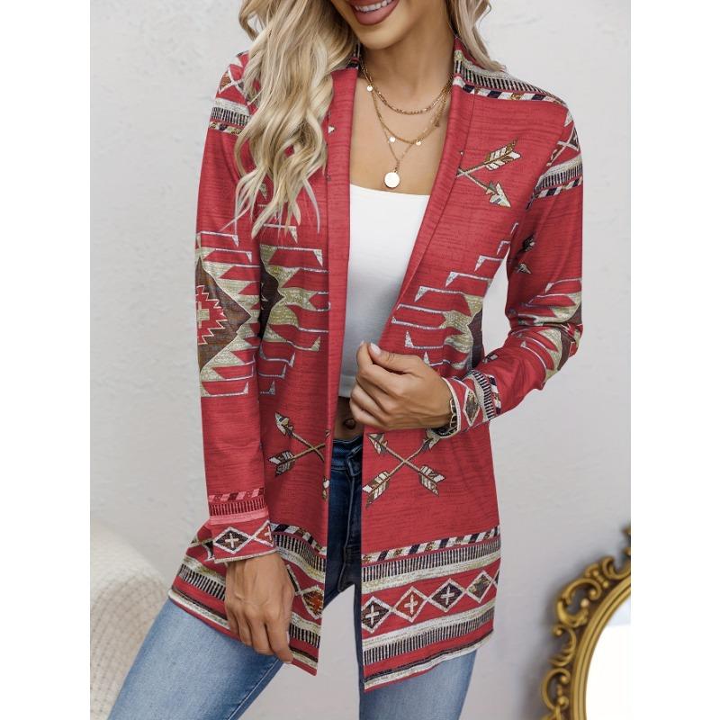 Western Ethnic Print Open Front Cardigan, Casual Long Sleeve Loose Cardigan, Women'S Clothing