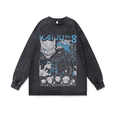 Camiseta Manga Longa Lavada com Estampa Digital por Injeção Direta de Desenho Animado Escuro para Homens e Mulheres Suéter Gola Redonda Retrô Americano