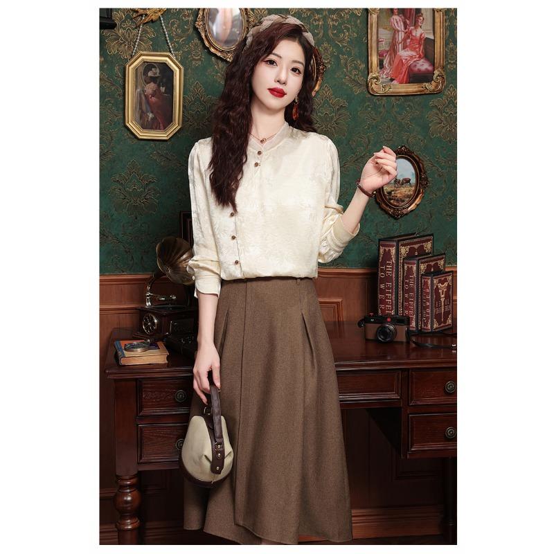 Plate Button Shirt Women's Spring and Autumn Retro Tang Dynasty Oblique Placket Long-sleeved Blouse