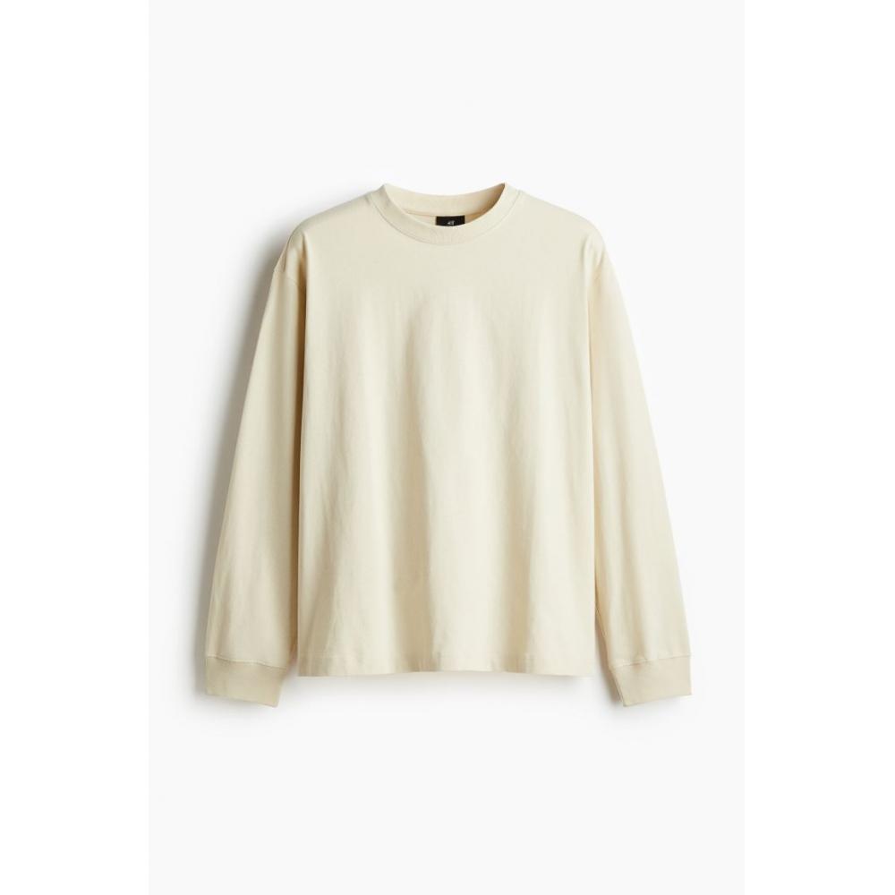 H M Long Sleeve Jersey Top Loose Fit ligHt Beige