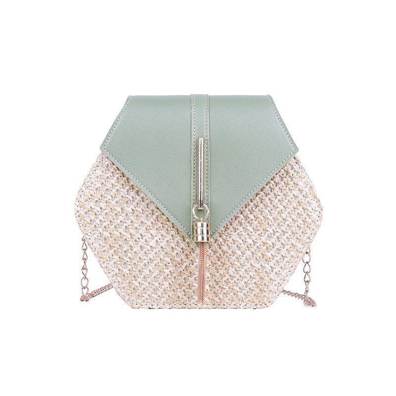 Hexagon Shape Straw PU Leather Handbag Women Summer Rattan Bag Handmade Woven Beach Bohemia Chain Strap Shoulder Crossbody Bags